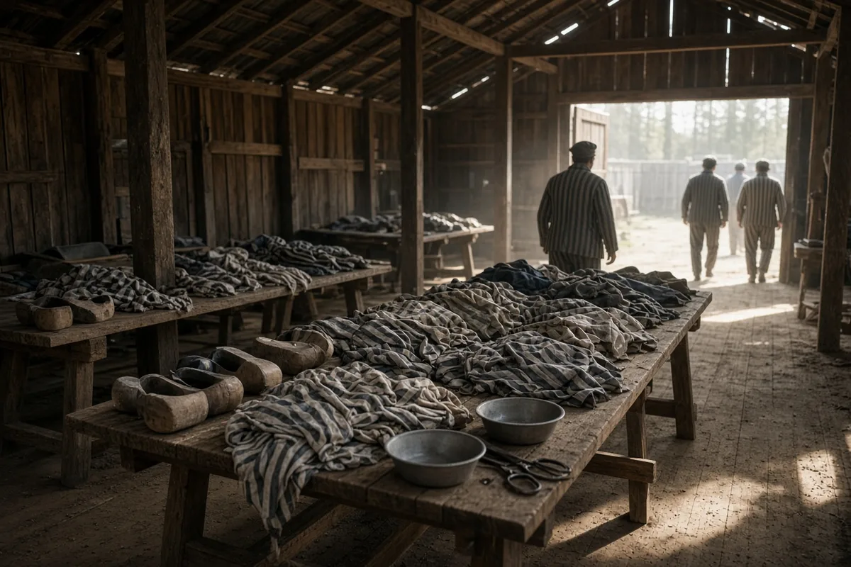 Upon arrival, prisoners were stripped of personal belongings and issued camp clothing before assignment to barracks.