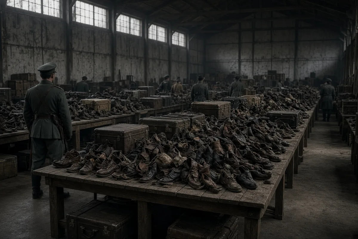 Prisoners including religious sisters performed forced labor sorting confiscated belongings inside the camp.