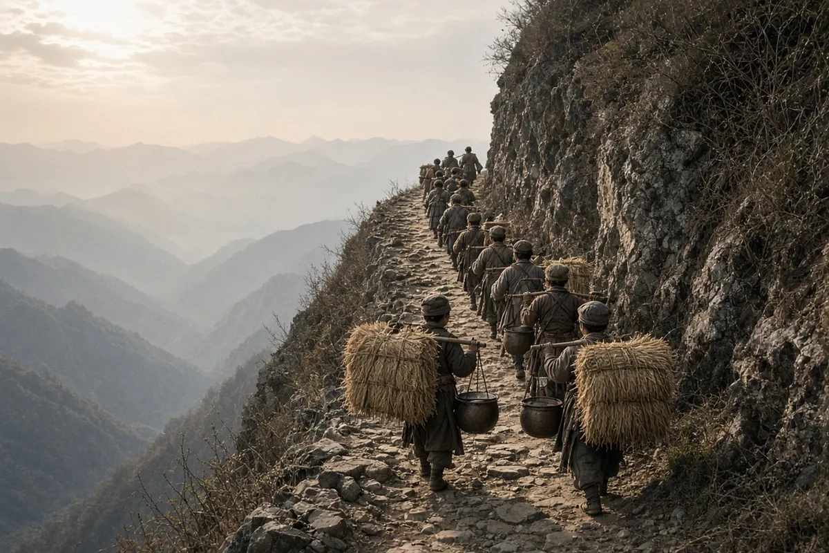 Missionary records describe the group traversing rugged mountain trails to reach safer territory west of the Yellow River.