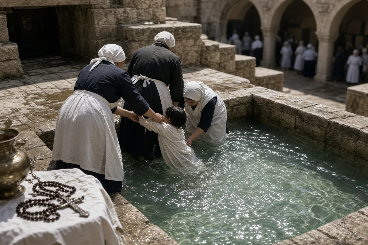The daughter was immersed in the Lourdes spring waters as part of the traditional pilgrimage ritual.