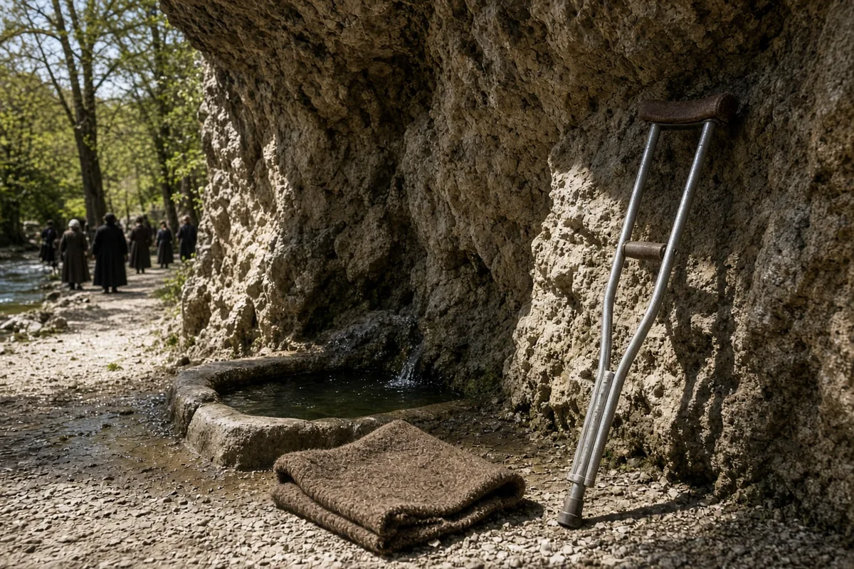 Pilgrims at Lourdes in 1938 visited the grotto where the spring waters were applied for healing.
