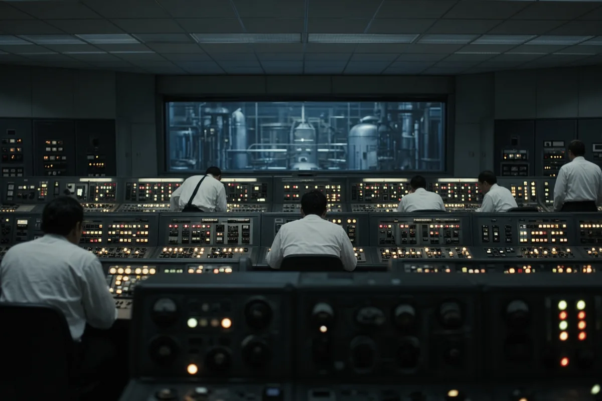 In Mission Control, flight controllers monitored critically low fuel levels during the lunar module's final tense descent to the surface.