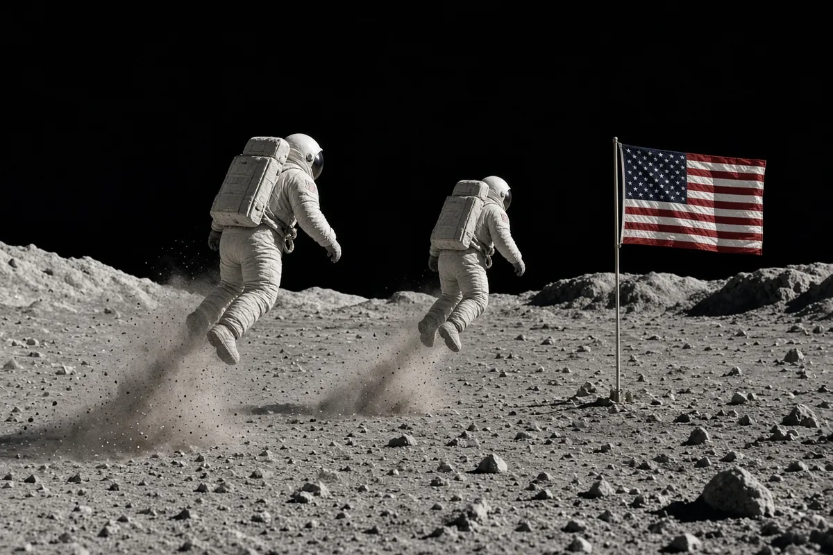 Armstrong and Buzz Aldrin explored the lunar surface together, planting a flag stiffened with wire to stand in the airless environment.