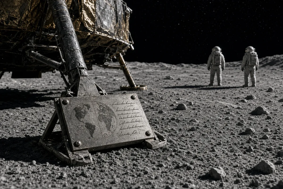 The astronauts left behind a plaque on the lunar module's leg bearing a message of peace signed by the crew and the president.