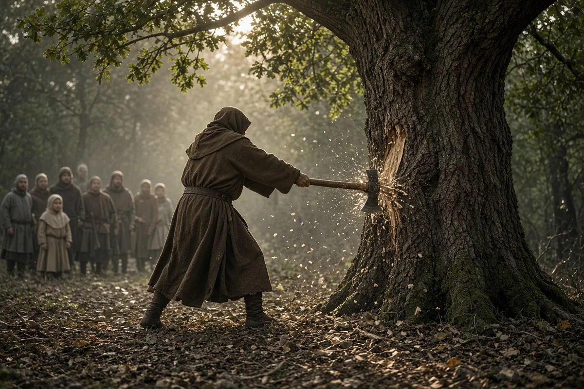 Boniface struck the first blows against the Donar Oak to prove the Christian God's power.