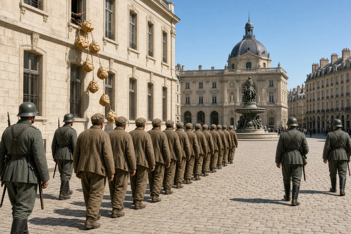 Le Mans townspeople risked severe reprisals by tossing food to thousands of British POWs marched through the streets in 1940.