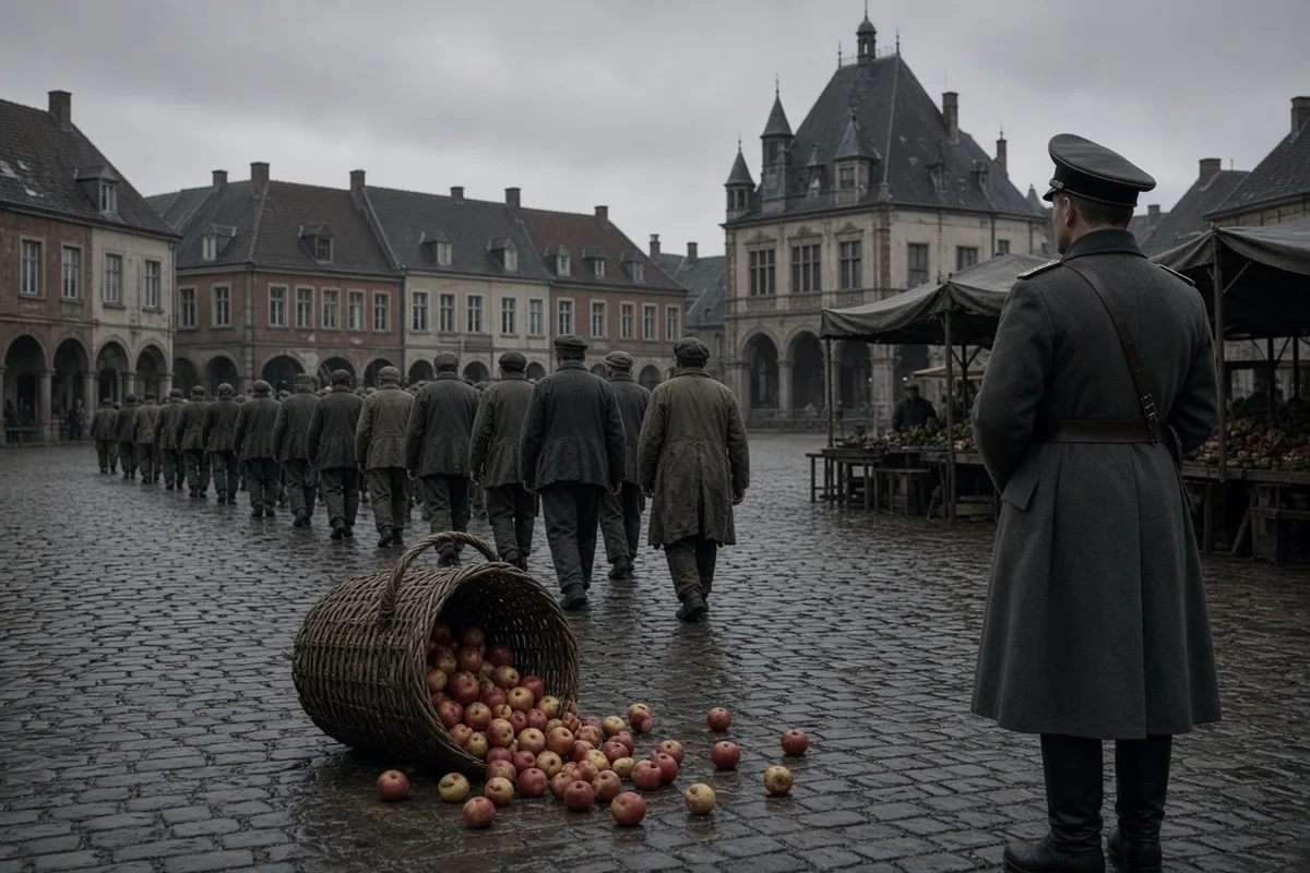 During the 1940 march of British prisoners through Le Mans, local people secretly supplied provisions despite the danger of detection.