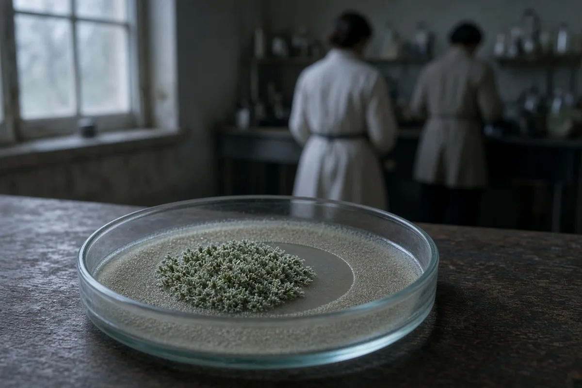 Penicillium mold was seen inhibiting nearby bacterial colonies on the culture plate.