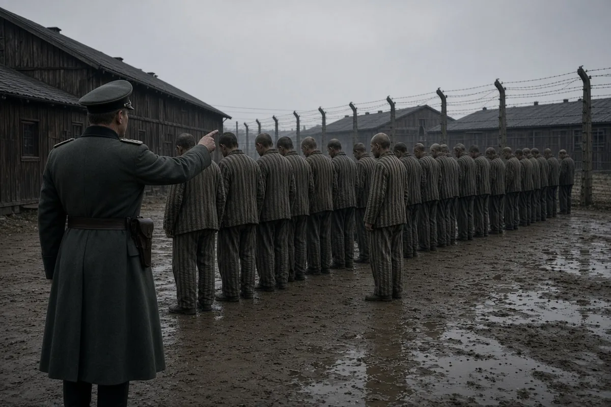 In 1941 at Auschwitz, a prisoner was chosen for death by starvation in an underground bunker after another inmate escaped.