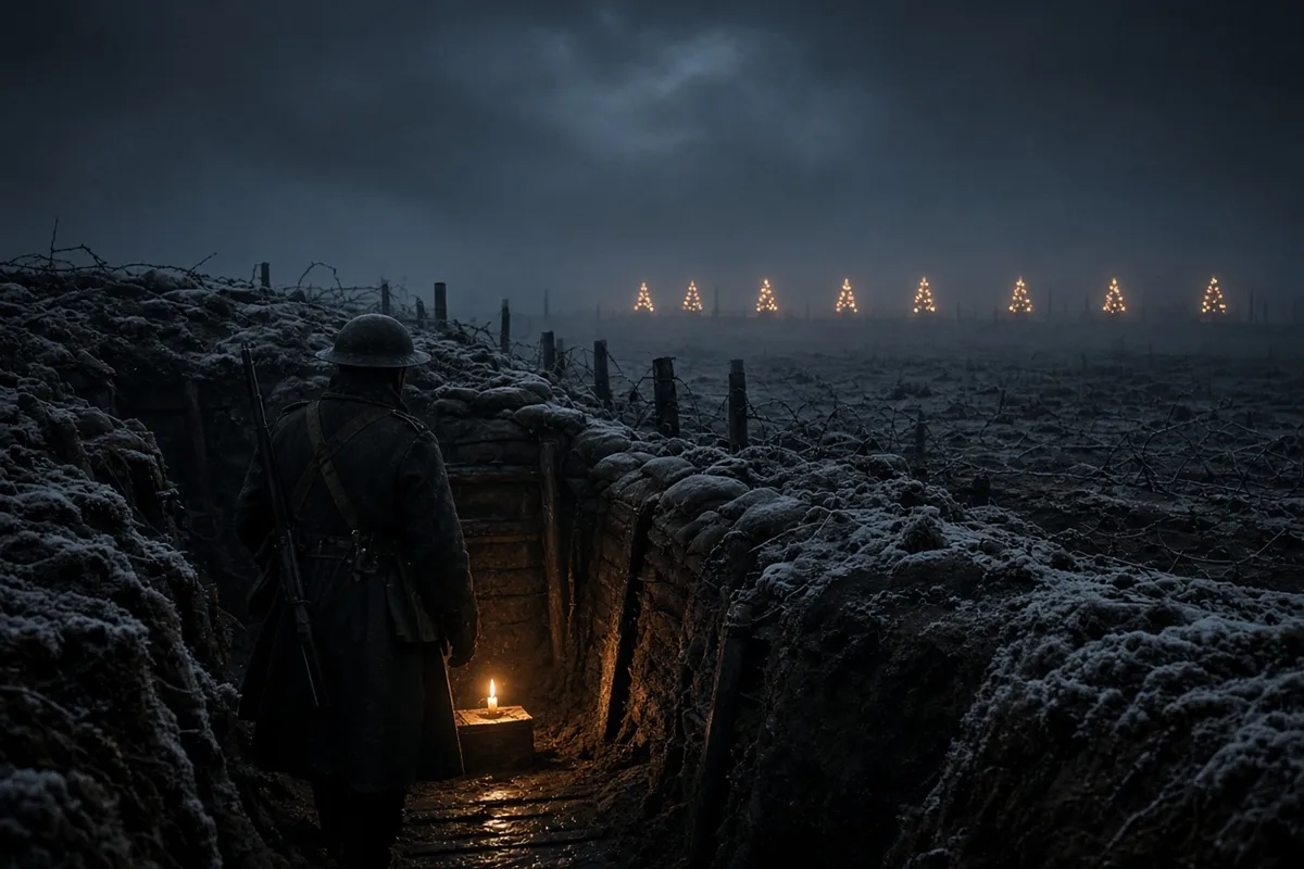 On the frozen night of December 24, 1914, German soldiers lit candles and small Christmas trees along their trench line and began singing carols that drifted across No Man's Land to British troops.