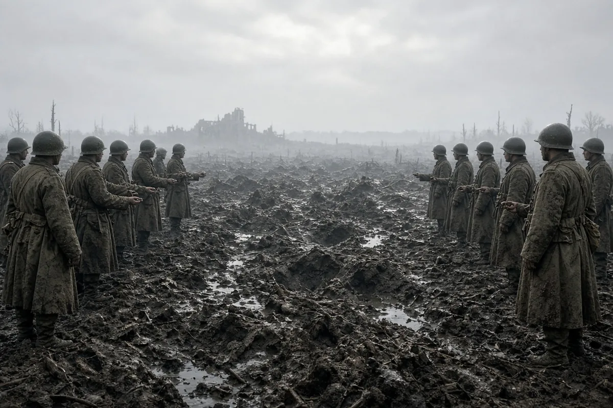 On Christmas morning, soldiers from both sides climbed out of their trenches unarmed to meet in No Man's Land, exchanging small gifts like cigarettes, buttons, and tins of food.