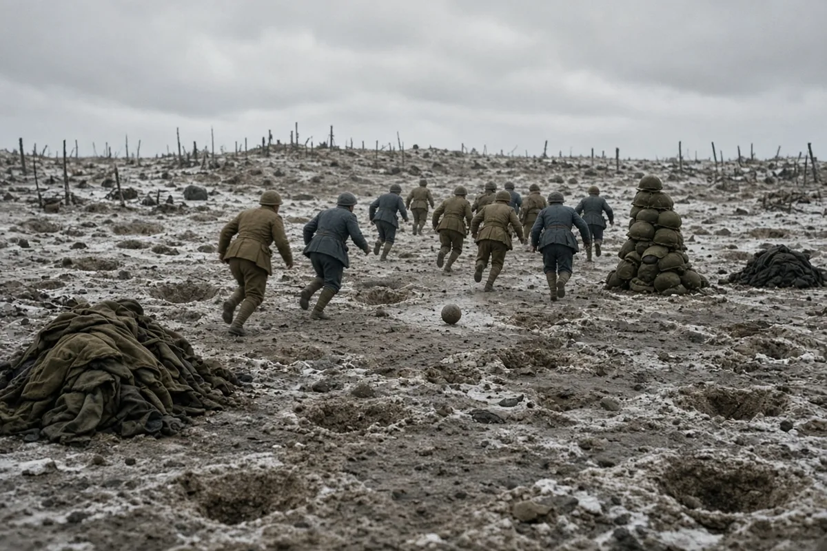 Soldiers from both armies improvised a football match on the frozen battlefield, using caps for goalposts in a game whose score was never recorded.