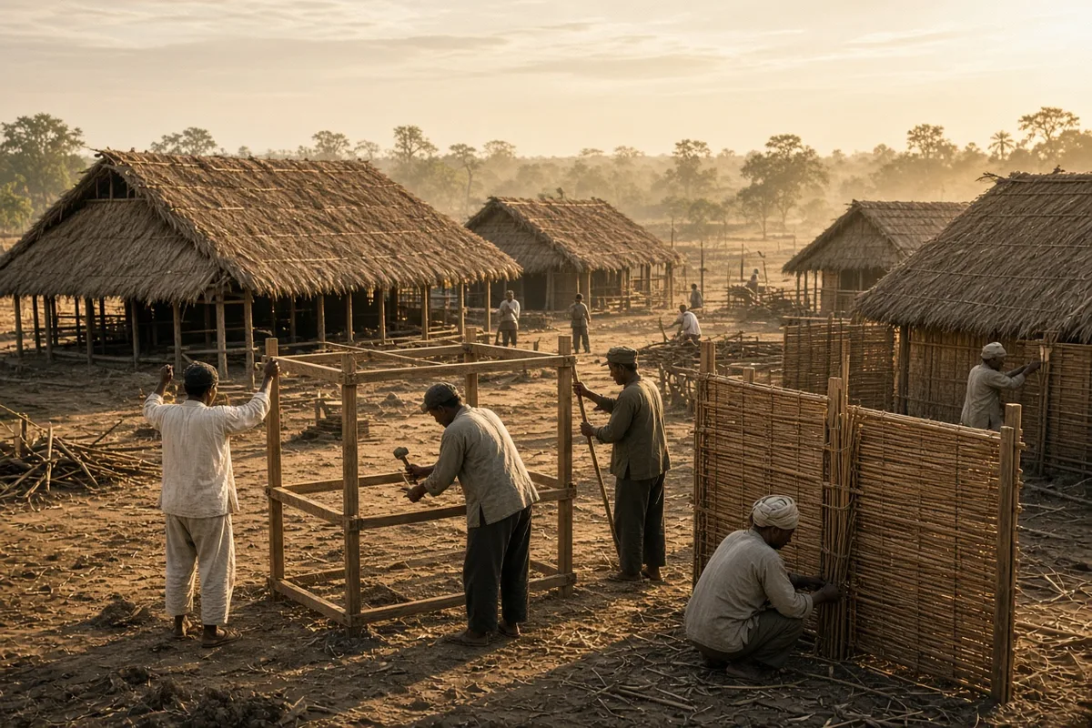 The village constructed basic shelters using available timber and palm leaves to house the adopted leper colony.