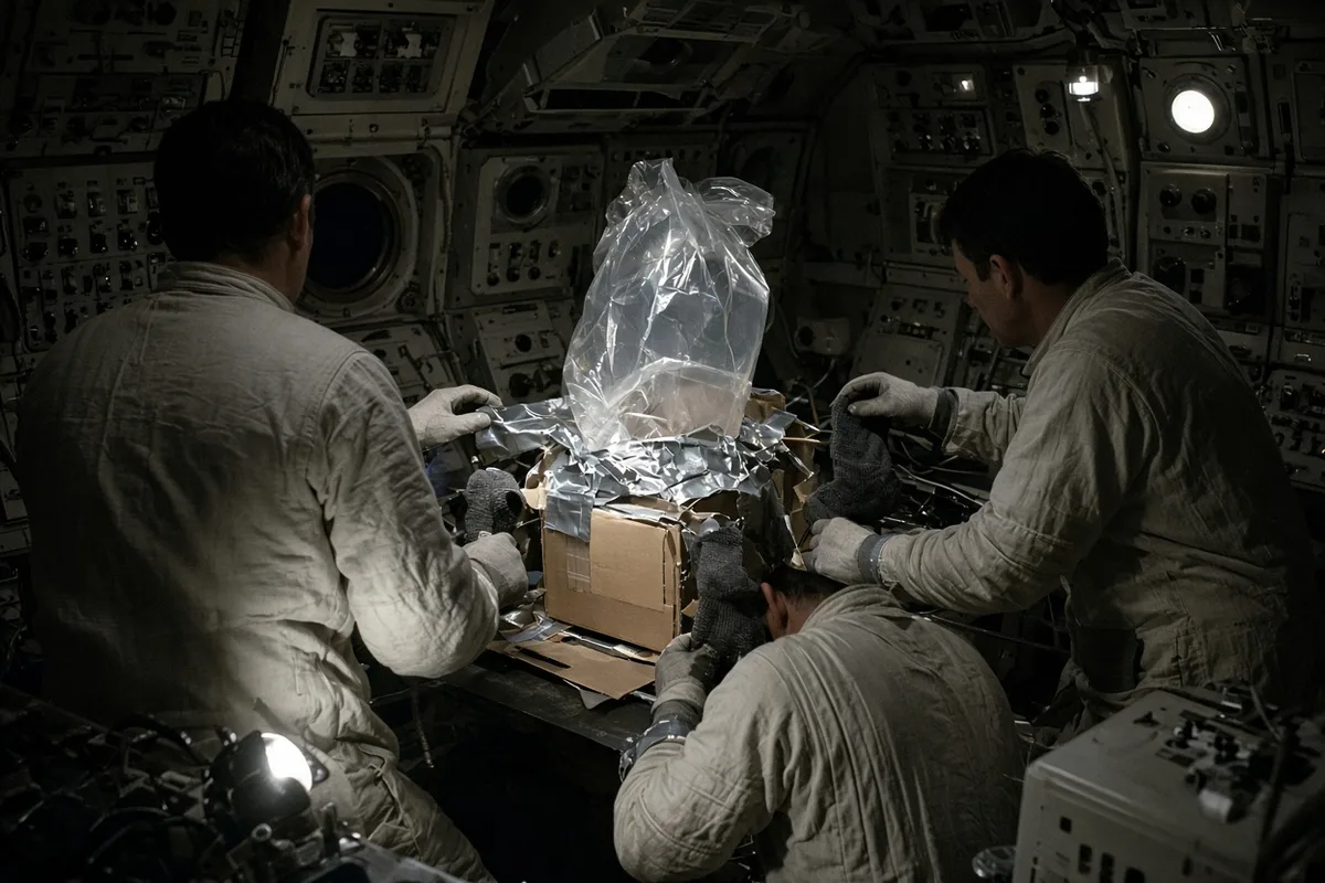 The crew improvised a CO2 filter from lunar module materials to survive rising carbon dioxide levels.