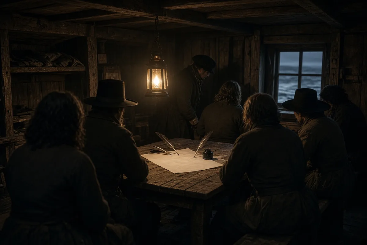 Pilgrim leaders assembled aboard the Mayflower in November 1620 to create a governing covenant.
