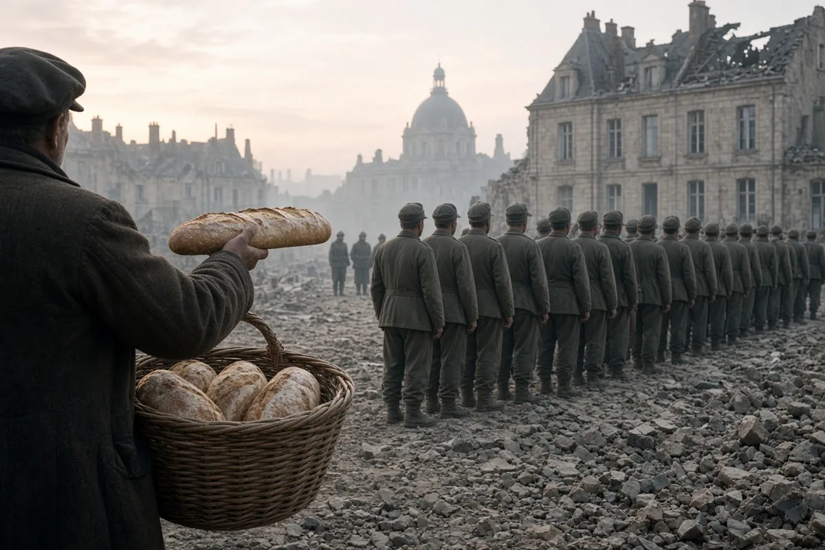 In 1945 Le Mans, locals shared bread with captured soldiers despite occupation scars.