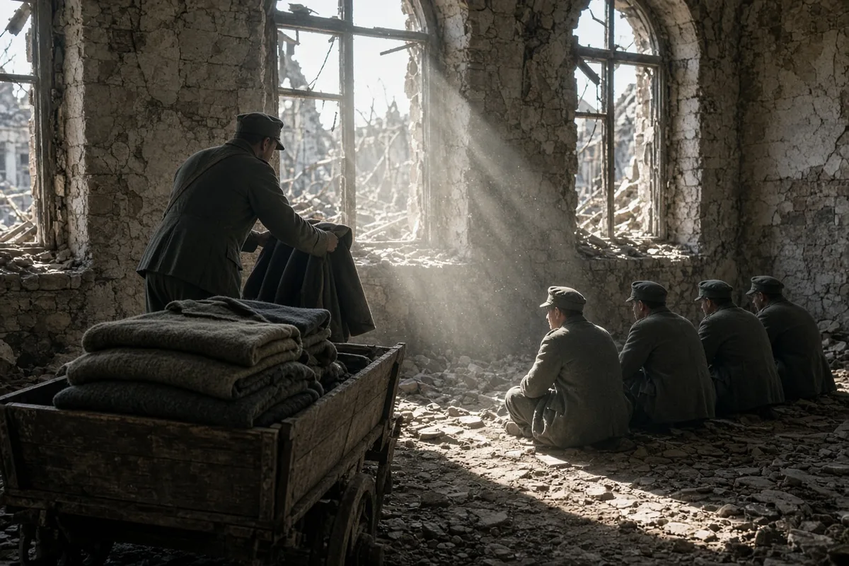 Residents of Le Mans distributed clothing to POWs as an act of post-war mercy in 1945.