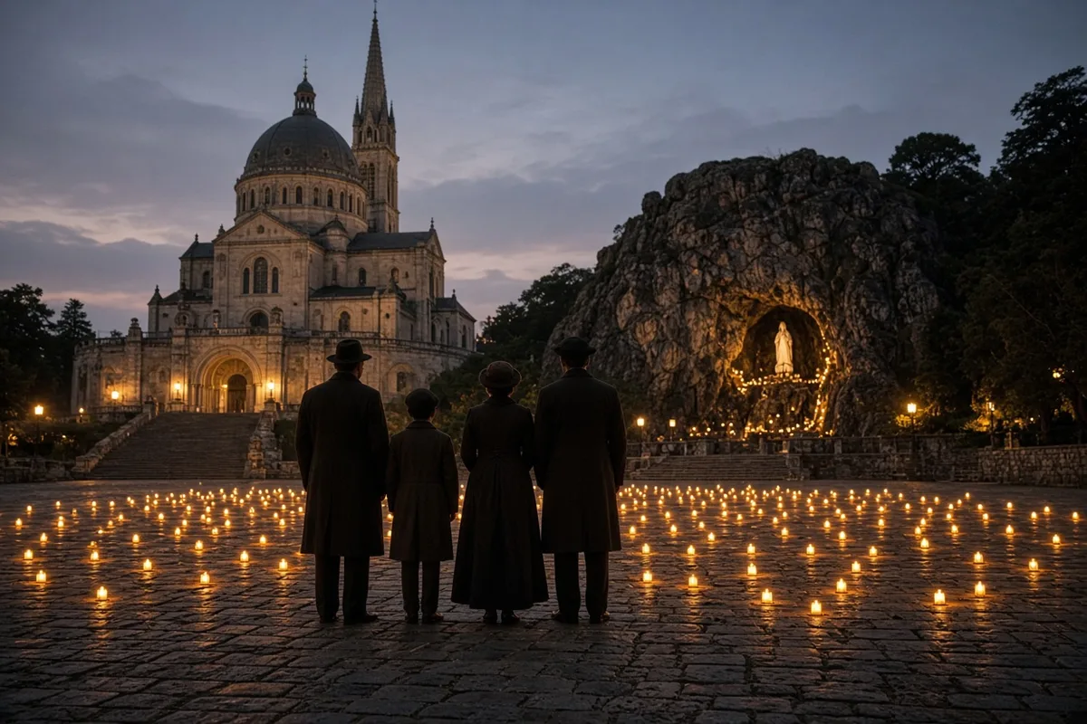 Upon arrival the Fretels joined other pilgrims at the illuminated grotto in 1950.
