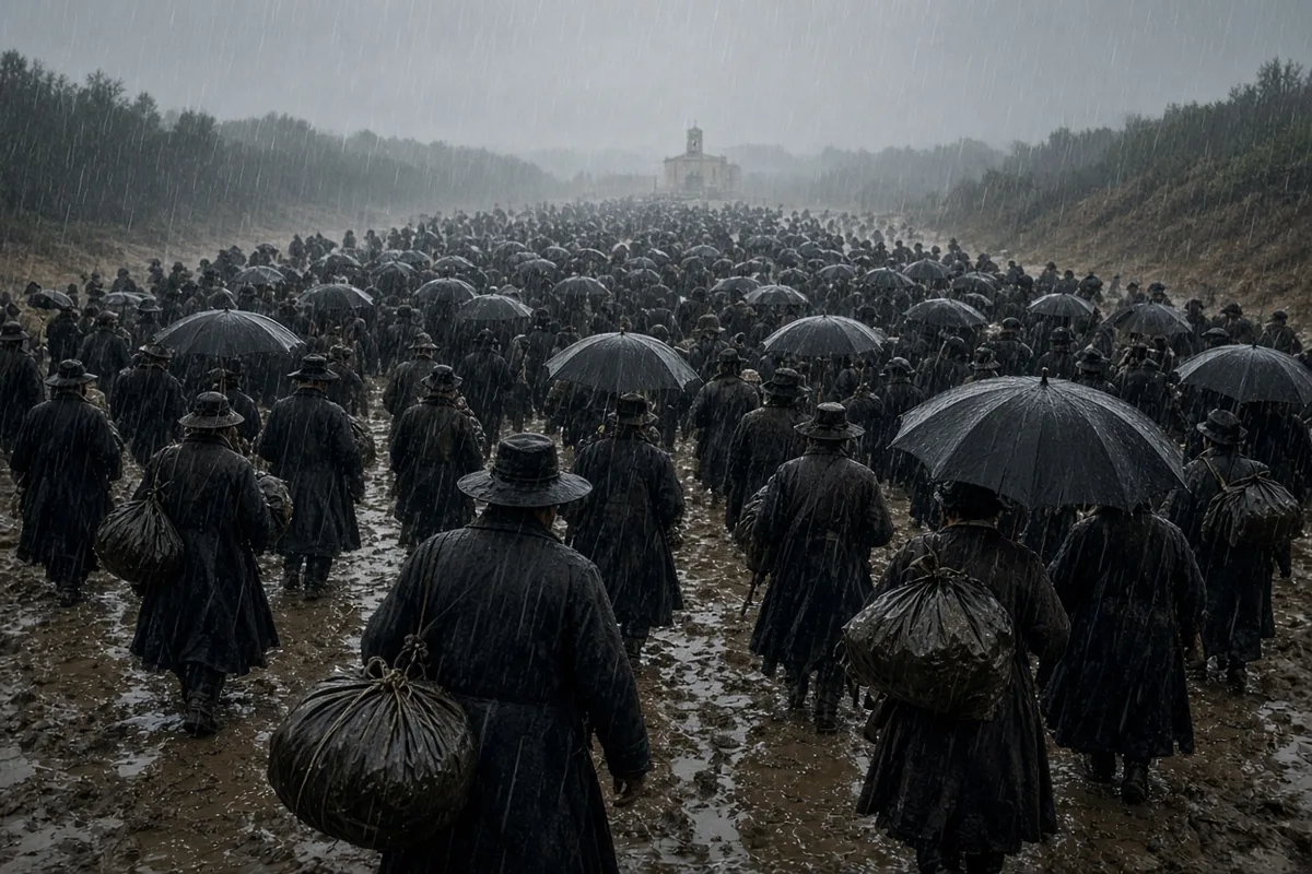 An estimated 70,000 people assembled at Fatima on 13 October 1917 despite continuous rain.