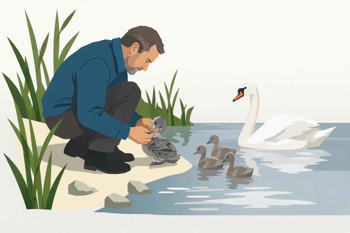 Graham Porter removes a treble hook from a cygnet's throat in St Ives
