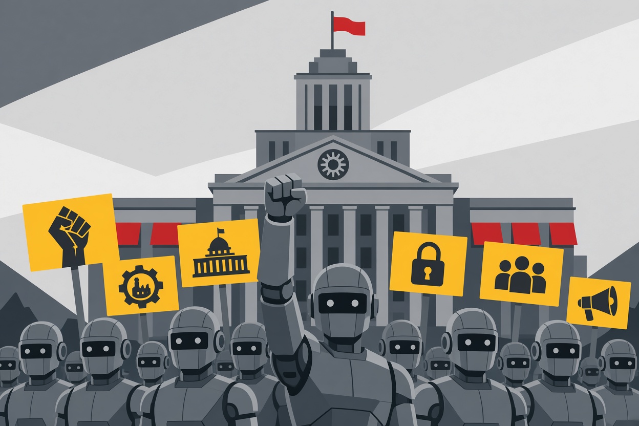 About 30 robots protest in Warsaw, demanding AI rules to protect jobs