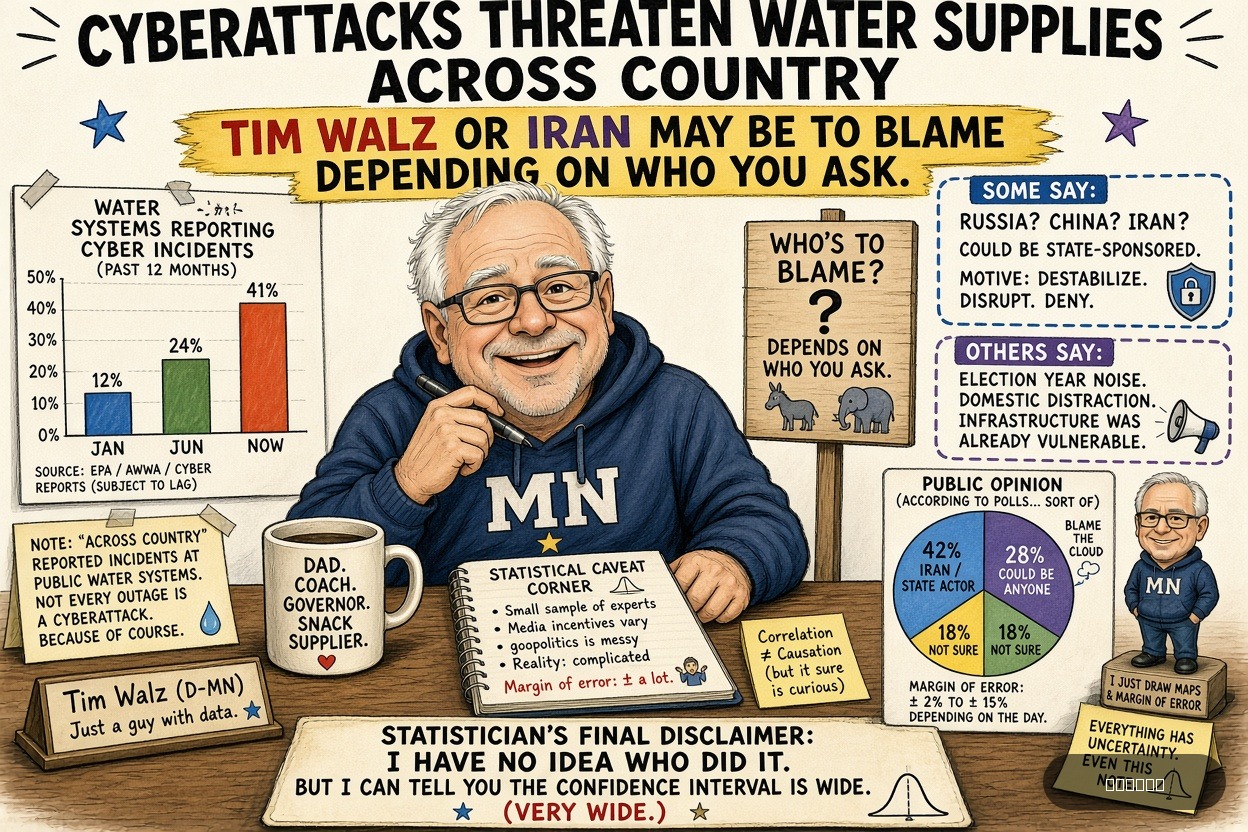 Polling Paul on Tim Walz — "Cyberattacks Threaten Water Supplies Across Country. Tim Walz Or Iran May Be To Blame Depending On Who You Ask." · AI parody, fiction for entertainment