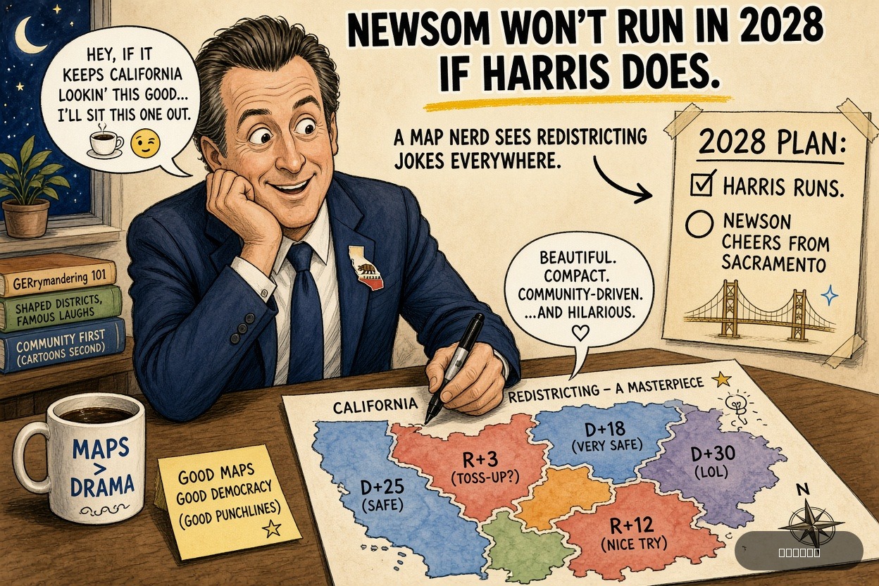 Gerry Mander on Gavin Newsom — "Newsom Won’t Run in 2028 if Harris Does" · AI parody, fiction for entertainment