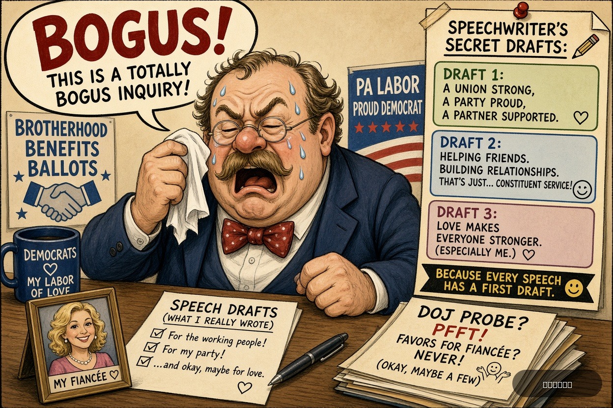 Teleprompter Tina on Benjamin Markley Boyer — "Democrat-Loving Union Boss Cries ‘Bogus’ As DOJ Probes Whether He Did Favors For Fiancée" · AI parody, fiction for entertainment