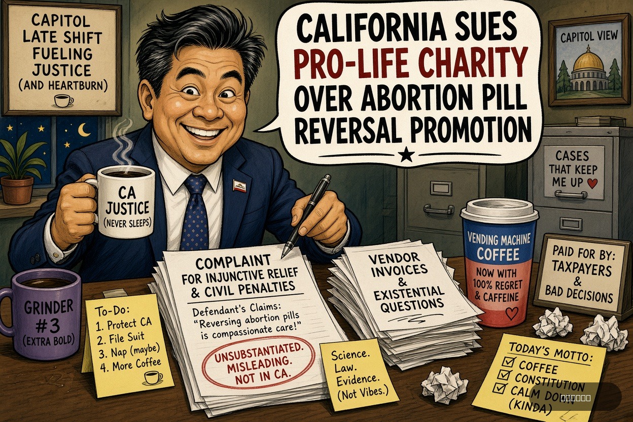 Capitol Carl on Rob Bonta — "California Sues Pro-Life Charity Over Abortion Pill Reversal Promotion" · AI parody, fiction for entertainment