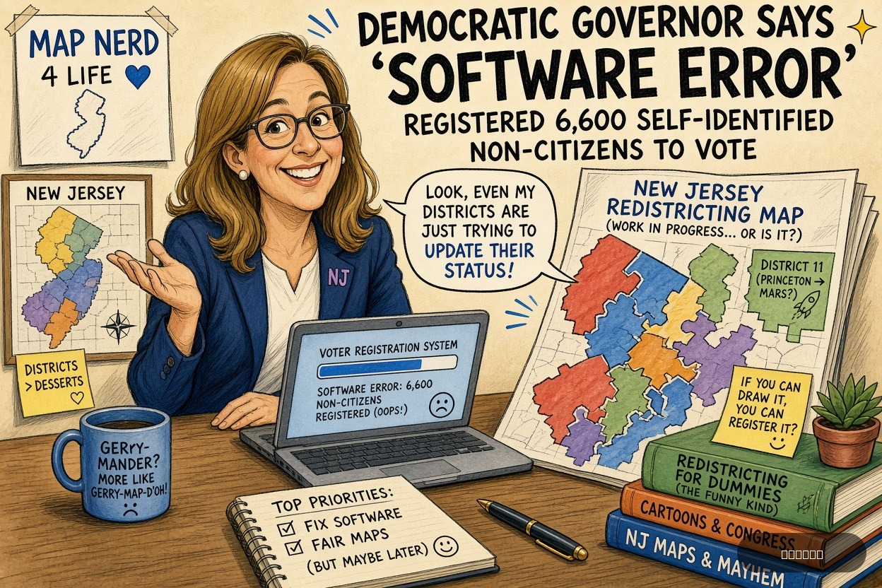 Gerry Mander on Mikie Sherrill — "Democratic Governor Says ‘Software Error’ Registered 6,600 Self-Identified Non-Citizens To Vote" · AI parody, fiction for entertainment