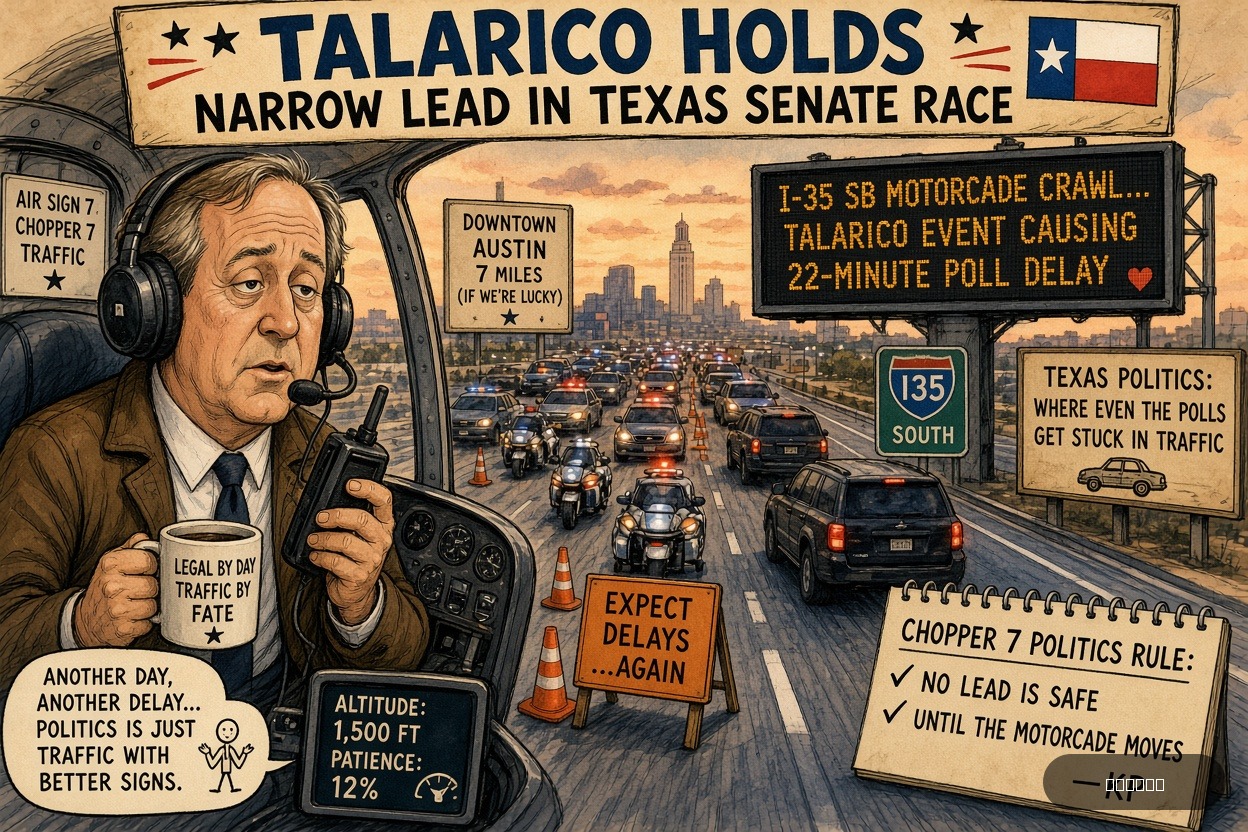 Motorcade Mike on Ken Paxton — "Talarico Holds Narrow Lead in Texas Senate Race" · AI parody, fiction for entertainment