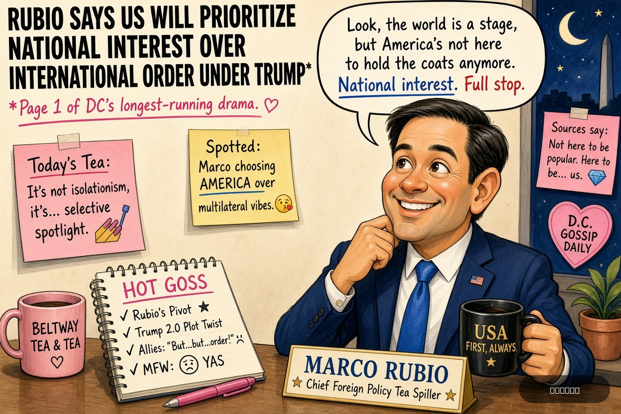 Beltway Betty on Marco Rubio — "Rubio says US will prioritize national interest over international order under Trump" · AI parody, fiction for entertainment