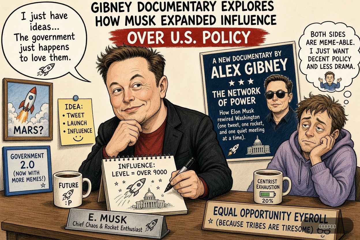 Centrist Cindy on Elon Musk — "Gibney documentary explores how Musk expanded influence over U.S. policy" · AI parody, fiction for entertainment
