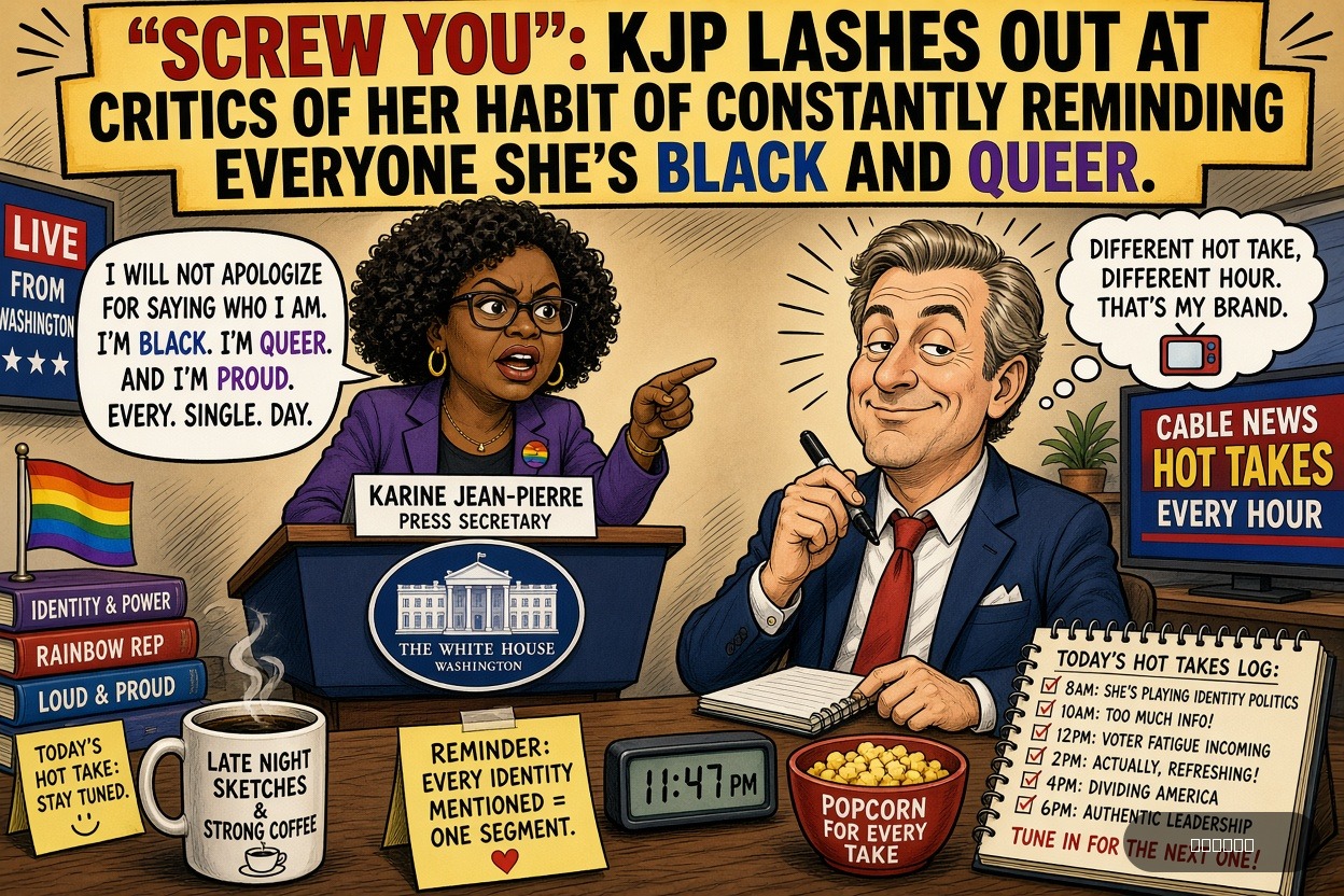 Pundit Pete on Karine Jean-Pierre — "‘Screw You’: KJP Lashes Out At Critics Of Her Habit Of Constantly Reminding Everyone She’s Black And Queer" · AI parody, fiction for entertainment