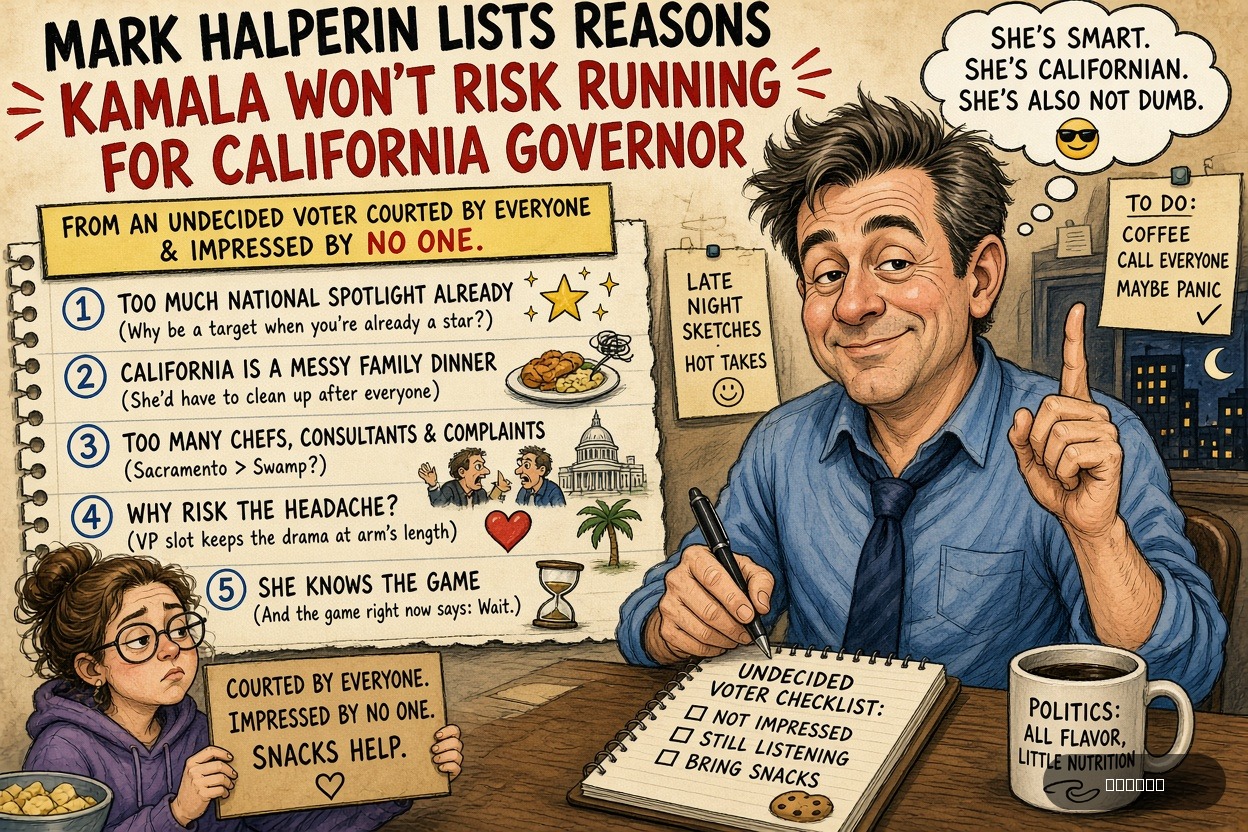 Swing State Sue on Mark Halperin — "Mark Halperin Lists Reasons Kamala Won’t Risk Running For California Governor" · AI parody, fiction for entertainment