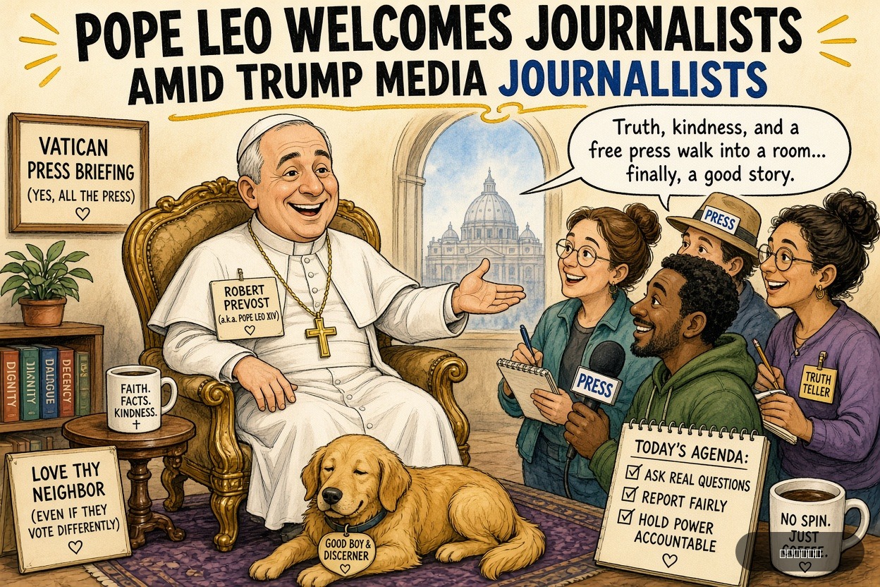 Lefty Larry on Robert Prevost — "Pope Leo Welcomes Journalists Amid Trump Media Fight" · AI parody, fiction for entertainment