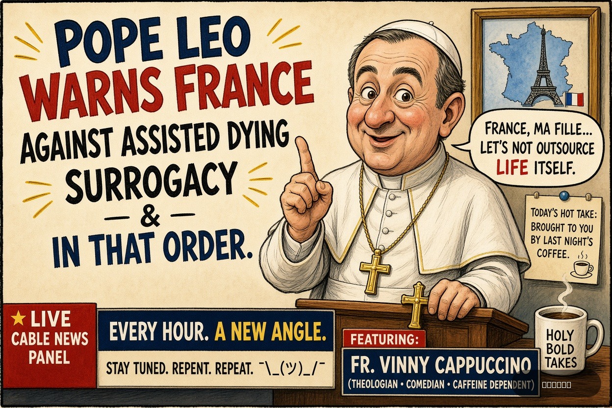 Pundit Pete on Robert Prevost — "Pope Leo warns France against assisted dying, surrogacy" · AI parody, fiction for entertainment