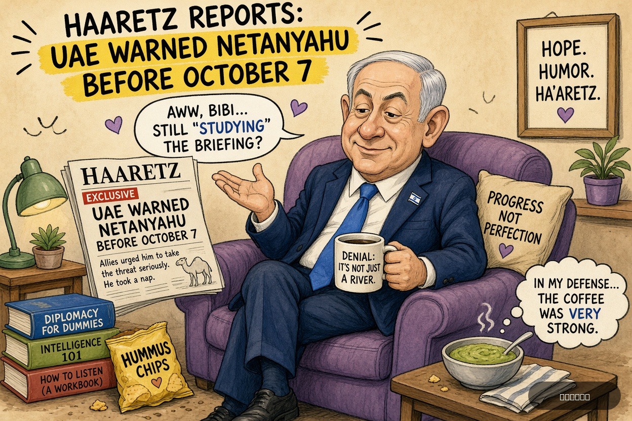 Lefty Larry on Benjamin Netanyahu — "Haaretz Reports UAE Warned Netanyahu Before October 7" · AI parody, fiction for entertainment