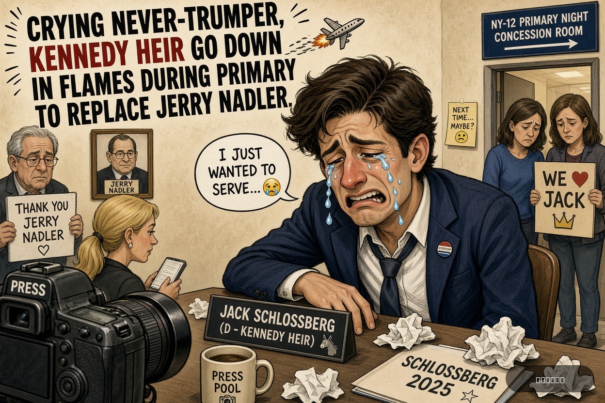Press Pool Penny on Jack Schlossberg — "Crying Never-Trumper, Kennedy Heir Go Down In Flames During Primary To Replace Jerry Nadler" · AI parody, fiction for entertainment