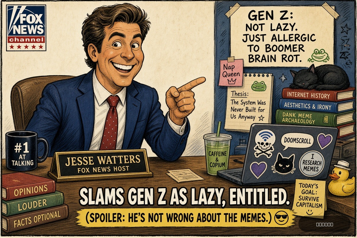 Meme Queen Mae on Jesse Watters — "Fox News Host Jesse Watters Slams Gen Z As Lazy, Entitled" · AI parody, fiction for entertainment