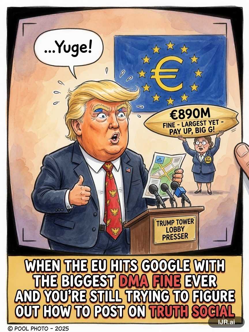Press Pool Penny on Donald Trump — "EU Fines Google €890M Under DMA, Largest Yet" · AI parody, fiction for entertainment