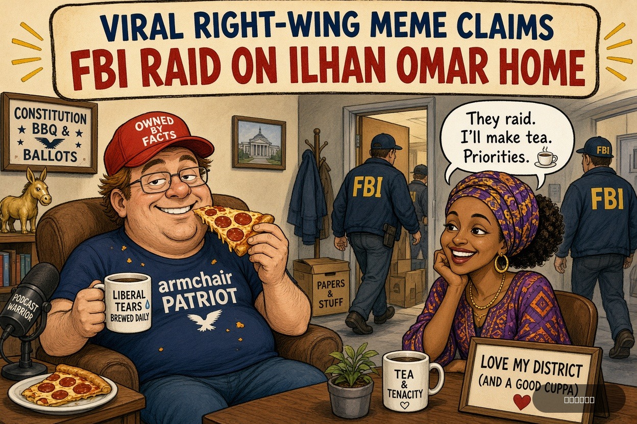 Righty Rich on Ilhan Omar's — "Viral right-wing meme claims FBI raid on Ilhan Omar home" · AI parody, fiction for entertainment