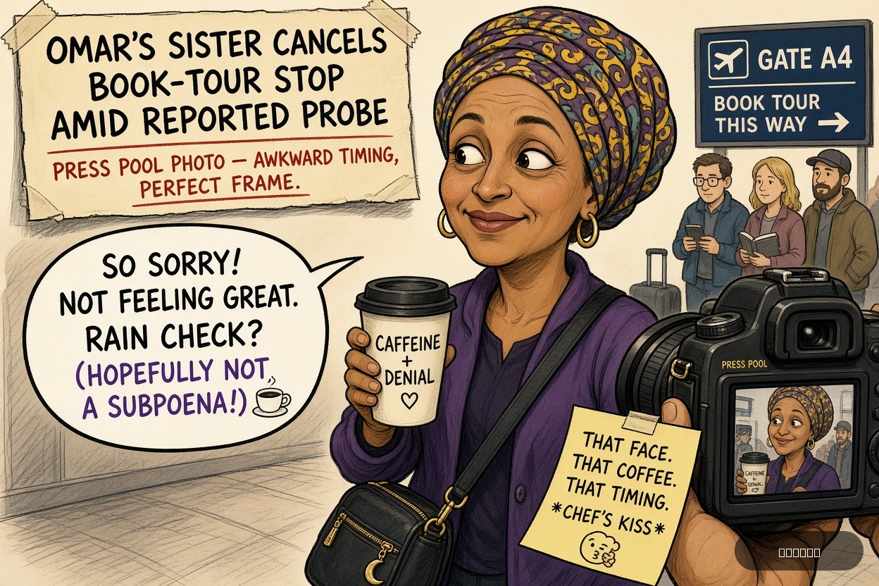 Press Pool Penny on Ilhan Omar's — "Omar’s Sister Cancels Book-Tour Stop Amid Reported Probe" · AI parody, fiction for entertainment