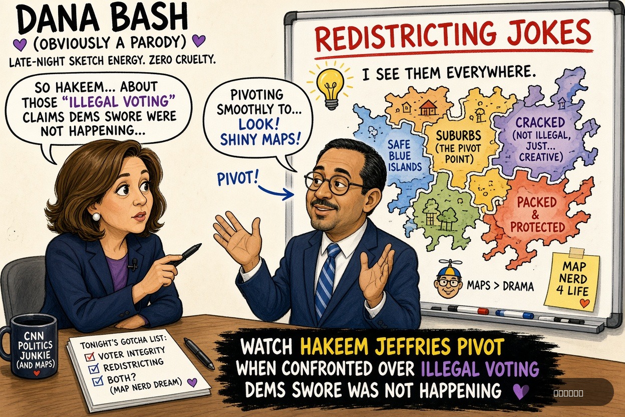 Gerry Mander on Dana Bash — "Watch Hakeem Jeffries Pivot When Confronted Over Illegal Voting Dems Swore Was Not Happening" · AI parody, fiction for entertainment