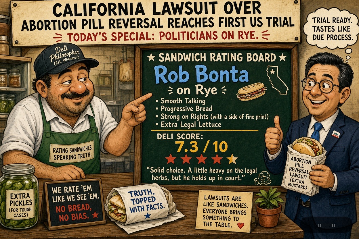 Veto Vinny on Rob Bonta — "California Lawsuit Over Abortion Pill Reversal Reaches First US Trial" · AI parody, fiction for entertainment