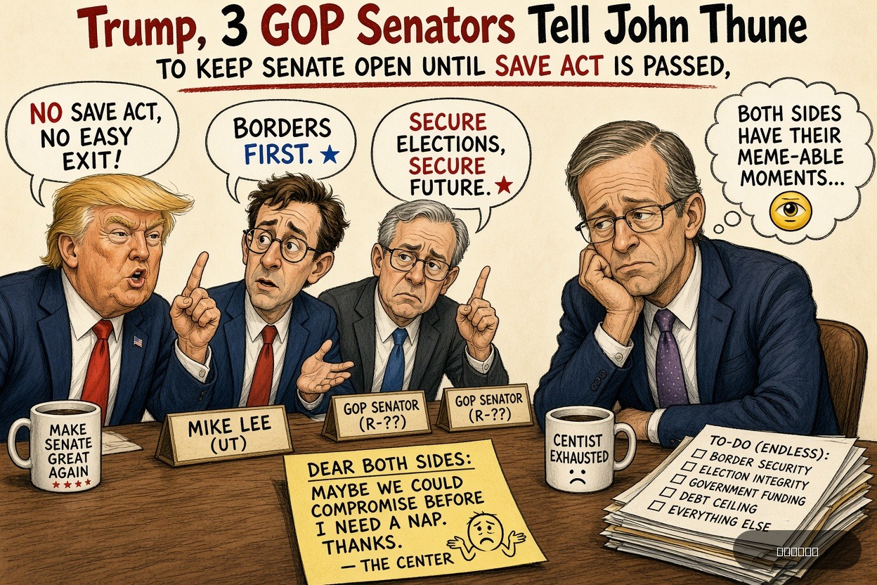 Centrist Cindy on Mike Lee — "Trump, 3 GOP Senators Tell John Thune To Keep Senate Open Until SAVE ACT Is Passed" · AI parody, fiction for entertainment