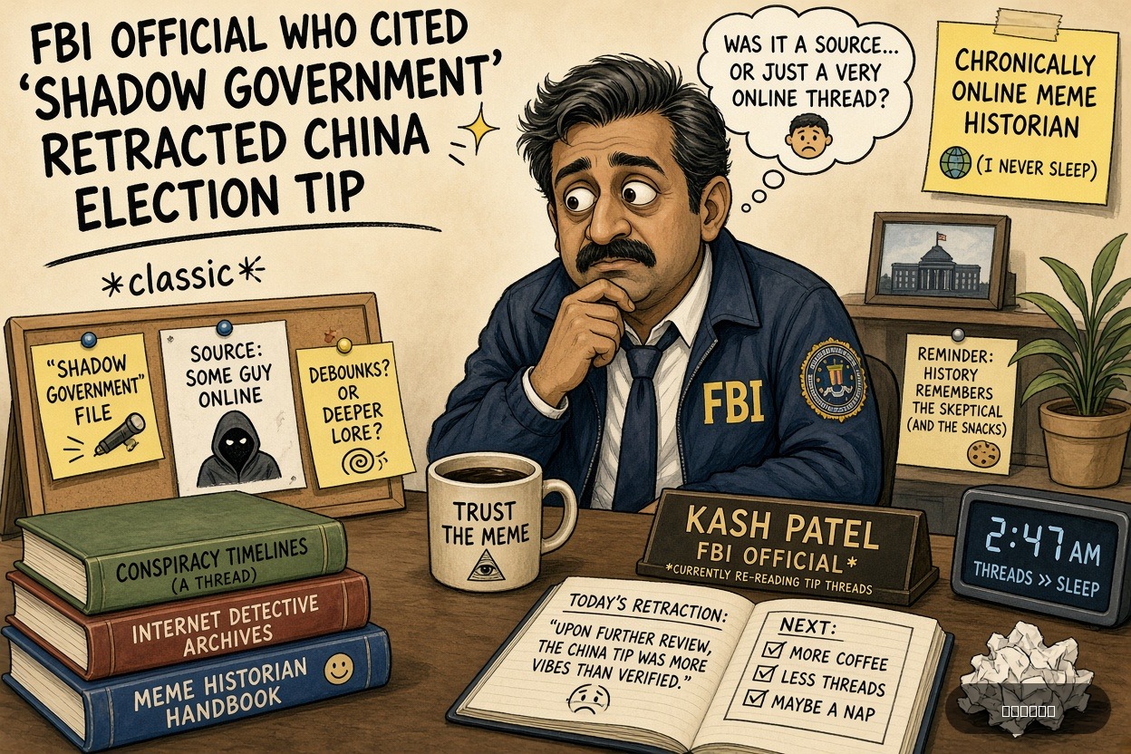 Meme Queen Mae on Kash Patel — "FBI Official Who Cited ‘Shadow Government’ Retracted China Election Tip" · AI parody, fiction for entertainment