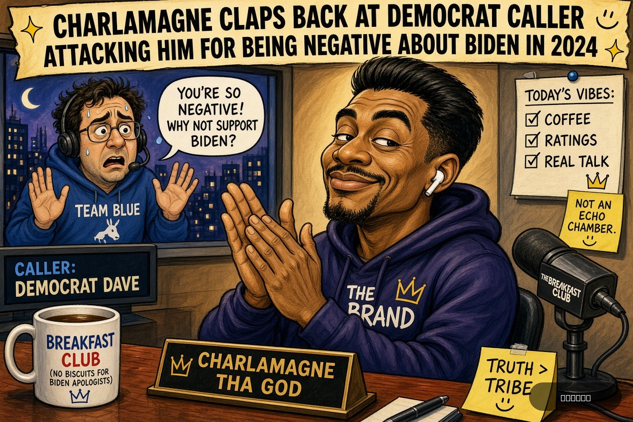 Press Pool Penny on Charlamagne tha God — "Charlamagne Claps Back At Democrat Caller Attacking Him For Being Negative About Biden In 2024" · AI parody, fiction for entertainment