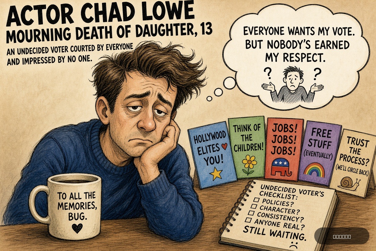 Swing State Sue on Chad Lowe — "Actor Chad Lowe Mourning Death of Daughter, 13" · AI parody, fiction for entertainment