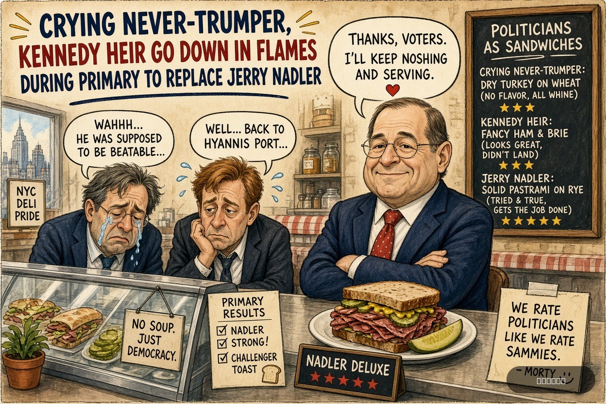 Veto Vinny on Jerrold Nadler — "Crying Never-Trumper, Kennedy Heir Go Down In Flames During Primary To Replace Jerry Nadler" · AI parody, fiction for entertainment